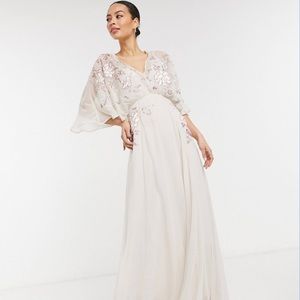 ASOS DESIGN Tall blouson embroidered maxi dress with cape back in cream